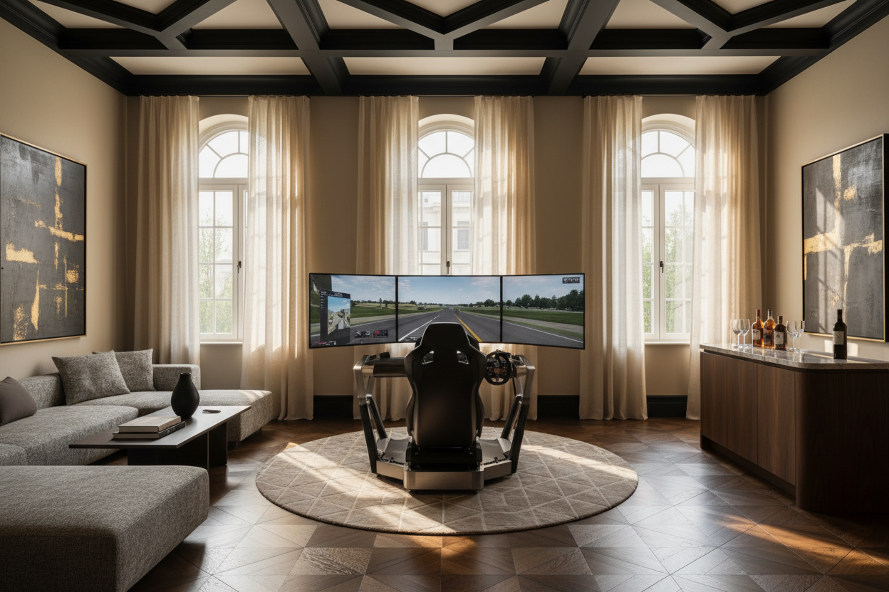 Generate a banner image suitable for a premium online store, but with natural lighting. Feature a photorealistic "Luxury" vibe of a modern architetural high end light and welcomign relaxing manly elegant entertianment room with a dark wood parwut flooring highe celiing and arched windows with balkcdetails and linens curtains and beige walls and a racing car simulator as as the clear focus. 