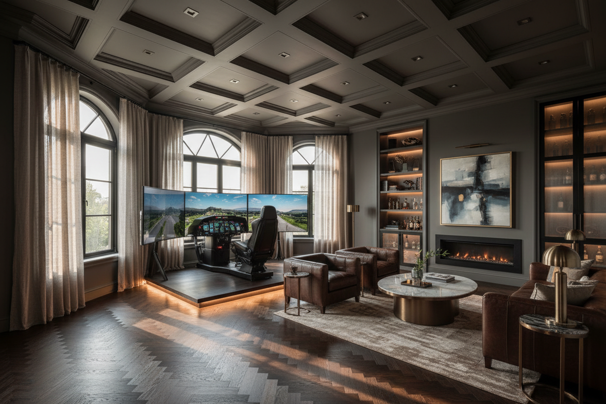 Generate a banner image suitable for a premium online store, but with natural lighting. Feature a photorealistic "Luxury" vibe of a modern architetural high end light and welcomign relaxing manly enertinamenrt room with a dark wood parwut flooring highe celiing and arched windows with balkcdetails and linens curtains and dark walls and a flight simulator as the clear focus. 